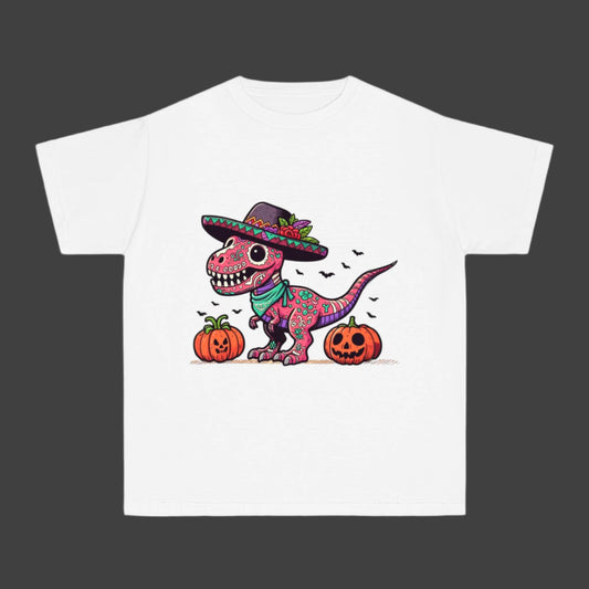 Beautiful Dinosaur Wearing a Hat with Pumpkins Youth Short Sleeve Tee