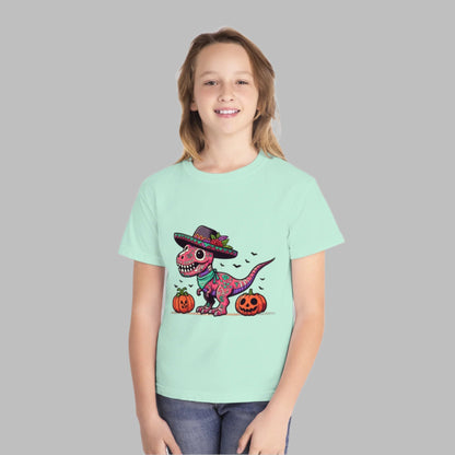 Beautiful Dinosaur Wearing a Hat with Pumpkins Youth Short Sleeve Tee